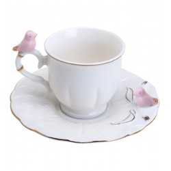 Xícara Avulsa 100ml De Café Porcelana Birds Rosa Round Plate